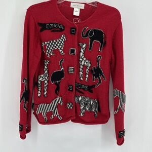 Vintage Susan Bristol Embroidered African Animal Red Cardigan Sweater Size Small